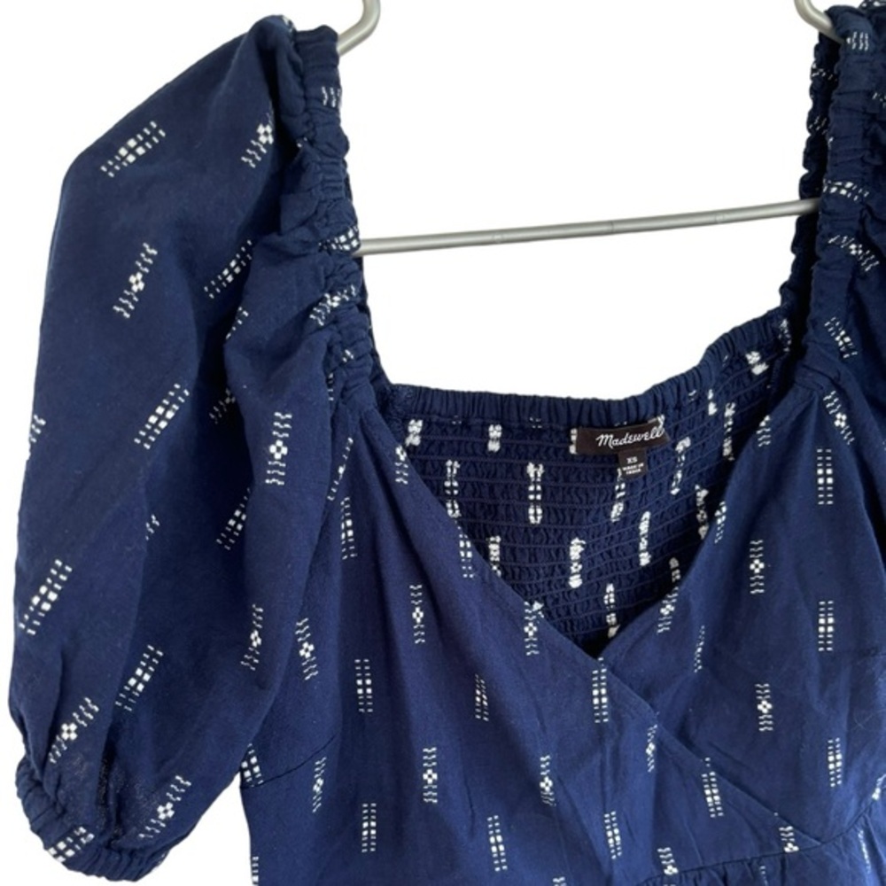 Madewell Women's Jacquard Empire Top Smocked Puff Sleeves Navy Blue Size XS - Picture 4 of 5